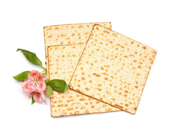 Jewish Flatbread Matza Passover Beautiful Alstroemeria Flowers White Background — Fotografia de Stock
