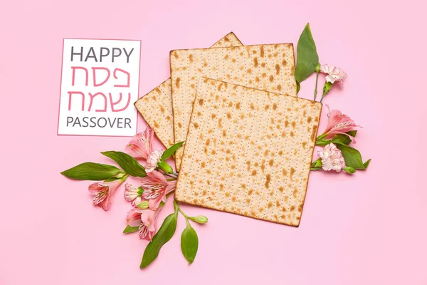 Jewish Flatbread Matza Passover Card Alstroemeria Flowers Pink Background — 스톡 사진