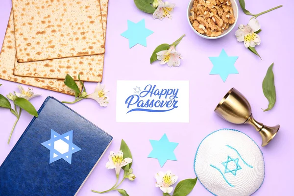 Composition Card Flatbread Matza Flowers Cup Kippah Torah Color Background — стоковое фото