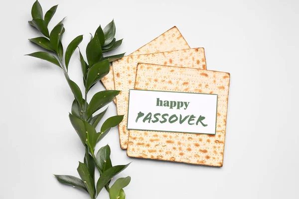 Card Text Happy Passover Jewish Flatbread Matza Plant Branches Light — стоковое фото