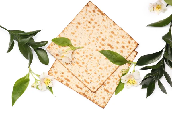 Composition Jewish Flatbread Matza Passover Alstroemeria Flowers Plant Branches White — Stock Photo, Image