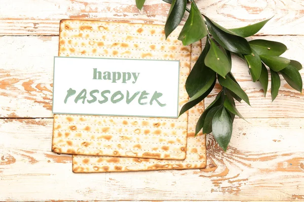 Card Text Happy Passover Jewish Flatbread Matza Plant Branches Light — стоковое фото