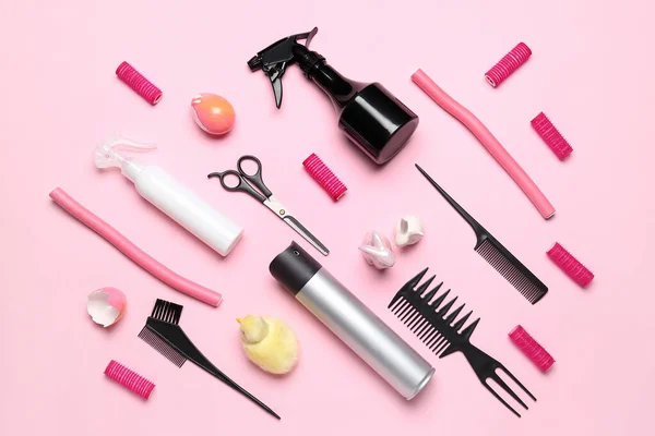 Hairdresser Tools Easter Rabbits Chicken Pink Background — Stock Photo, Image
