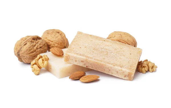 Soap Bars Walnuts Almonds White Background — Stock Photo, Image