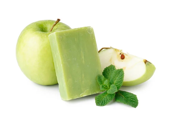 Natural soap bar, green apple and mint on white background