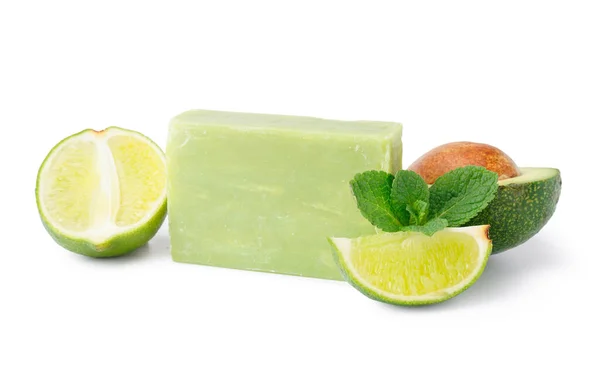 Natural Soap Bar Lime Avocado White Background — 스톡 사진