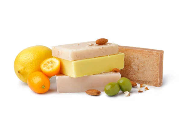 Composition Soap Bars Natural Ingredients White Background — 스톡 사진