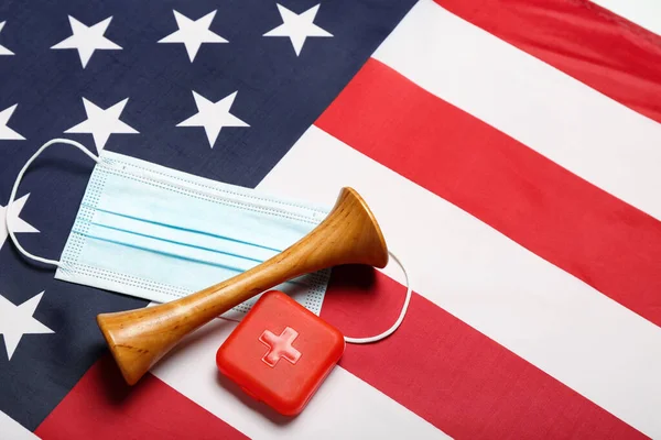 Stethoscope Medical Mask Pill Container Usa Flag — Stock Photo, Image