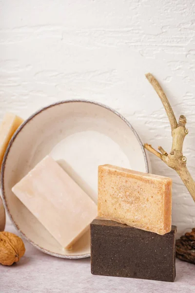 Composition Natural Soap Bars Light Background Closeup — Stock Photo, Image
