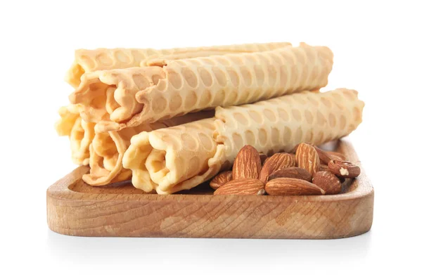 Board Delicious Wafer Rolls Almond Nuts Isolated White Background — Stock Photo, Image