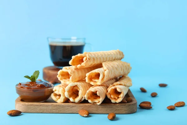 Board Stack Delicious Wafer Rolls Boiled Condensed Milk Almond Nuts — Stockfoto
