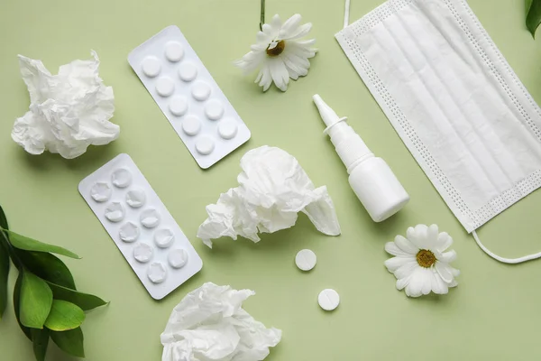 Nasal Drops Pills Flowers Medical Mask Tissues Green Background Seasonal — стоковое фото