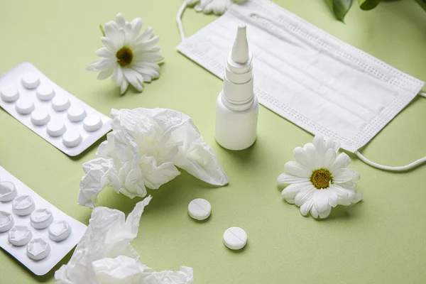 Nasal Drops Pills Flowers Medical Mask Tissues Green Background Closeup — Fotografia de Stock