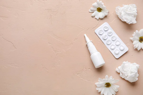Nasal Drops Pills Flowers Tissues Beige Background Seasonal Allergy Concept — Fotografia de Stock