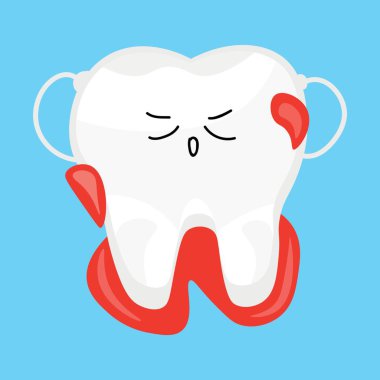 Tooth in bleeding gum on light blue background