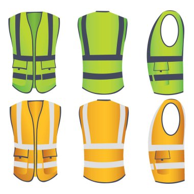 Different views of saving vests on white background