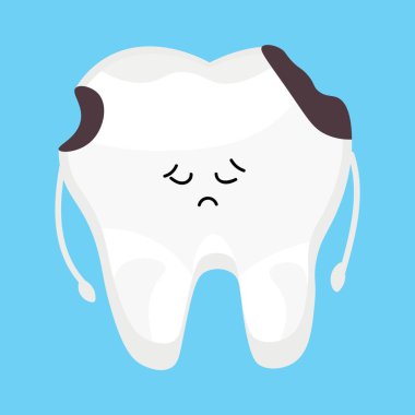 Sad tooth with decay on light blue background
