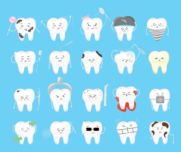 Set Many Cute Teeth Light Blue Background — Stok Vektör