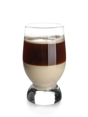 Glass of delicious Cafe Bombon on white background