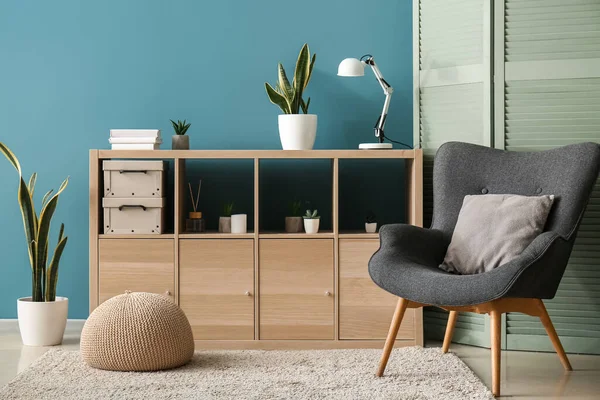 Interior Cozy Living Room Folding Screen Armchair Drawers — Stock Fotó