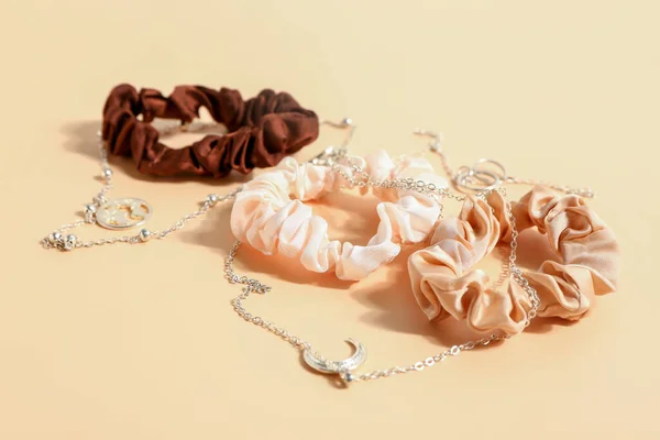 Silk Scrunchies Necklaces Color Background — Zdjęcie stockowe