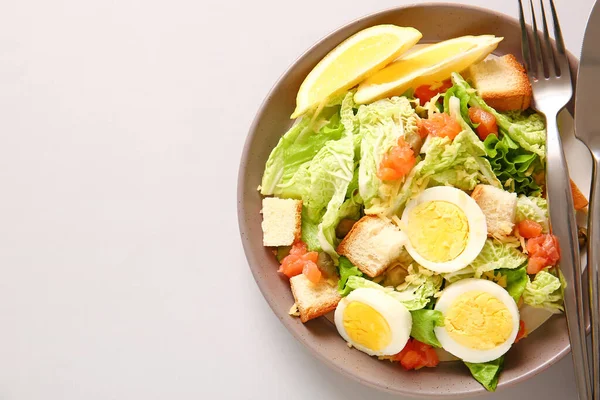 Plate Delicious Salad Boiled Eggs Salmon Grey Background — Stock Photo, Image