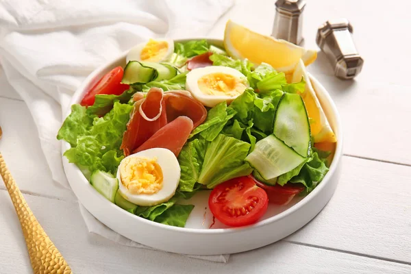 Plate Delicious Salad Boiled Eggs Jamon White Wooden Background — Stock Photo, Image
