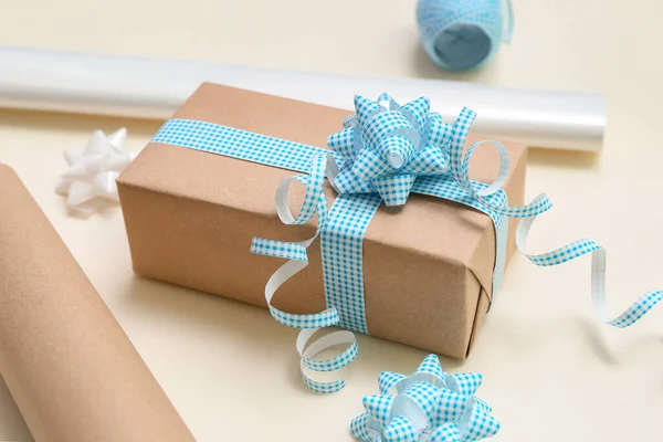 Gift Box Bows Wrapping Paper Light Background Closeup — Fotografia de Stock