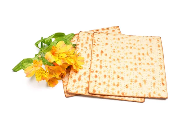 Jewish Flatbread Matza Passover Beautiful Alstroemeria Flowers White Background — Stock Photo, Image