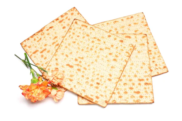 Jewish Flatbread Matza Passover Beautiful Carnation Flowers Isolated White Background — Stock Photo, Image