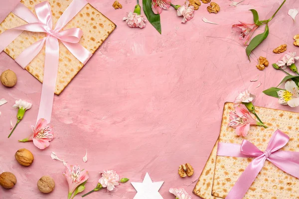 Frame Made Jewish Flatbread Matza Passover Walnuts Flowers Color Background — Stock Photo, Image