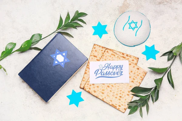 Composition Jewish Flatbread Matza Passover Kippah Torah Plant Branches Light — Stockfoto