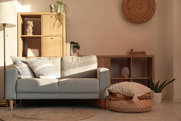 Interior Modern Living Room Cozy Cushions Grey Sofa — Stok fotoğraf