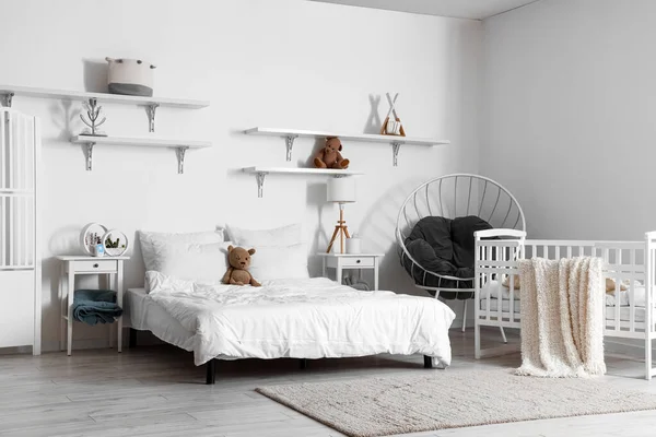 Interior Light Bedroom Bed Baby Crib Armchair — Foto de Stock
