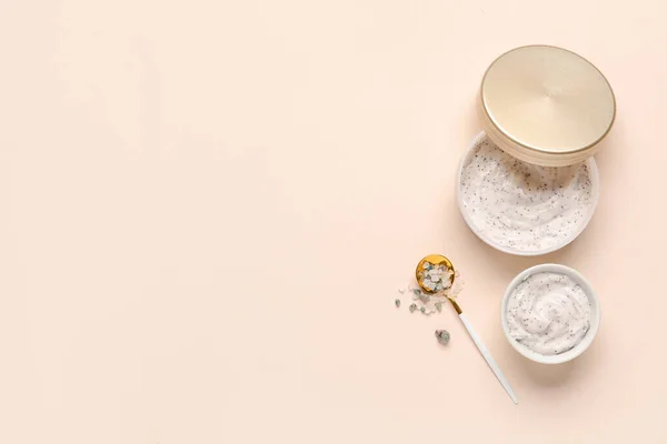 stock image Jar of natural body scrub and sea salt on color background