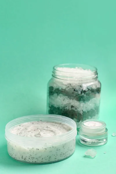 Jar Body Scrub Cream Sea Salt Color Background — Photo