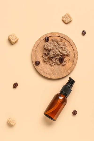 Wooden Board Body Scrub Bottle Cosmetic Product Cane Sugar Coffee — Stock Photo, Image