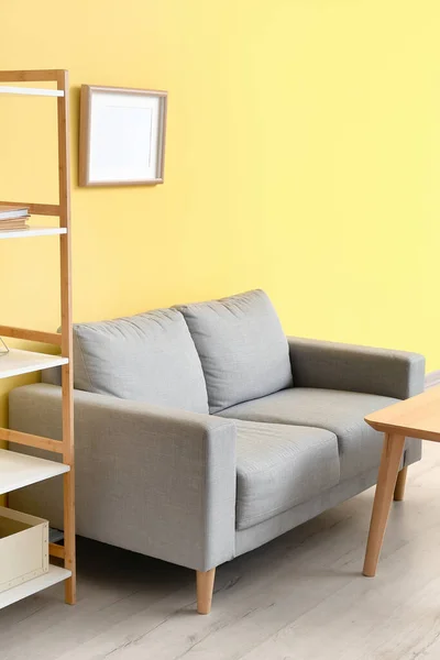 Interior Living Room Stylish Grey Sofa Yellow Wall — стоковое фото