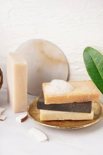 Plate Natural Soap Bars Coconut Light Table Closeup — Stock Photo, Image