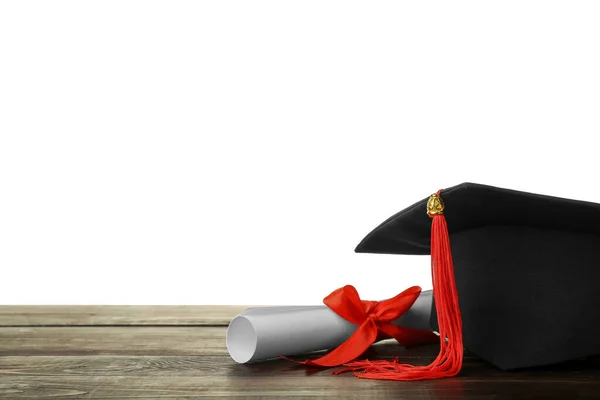 Graduation Hat Diploma Table White Background — Stok fotoğraf