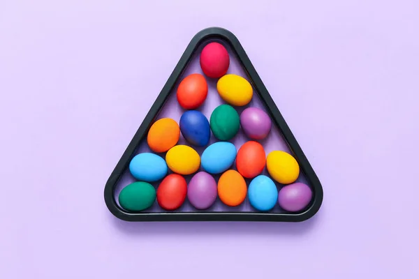 Colorful Easter Eggs Triangle Rack Lilac Background — 스톡 사진