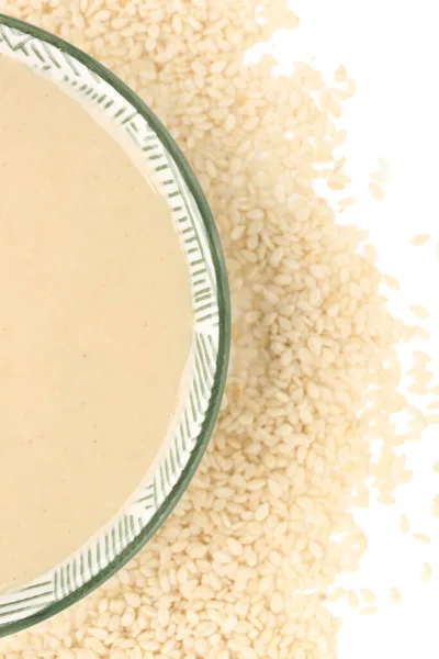 Bowl Tasty Tahini Sesame Seeds Isolated White Background Closeup — Stock Fotó