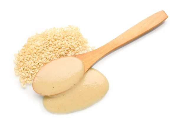 Wooden Spoon Tasty Tahini Sesame Seeds White Background — Stock Photo, Image