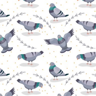 Beyaz arka planda birçok gri güvercin ve dallar var. Tasarım için kusursuz desen