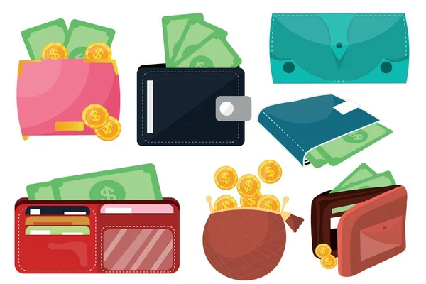 stock vector Set of many purses with money on white background