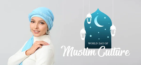 Portré Gyönyörű Muszlim Világos Háttérrel Muszlim Kultúra Világnapja — Stock Fotó