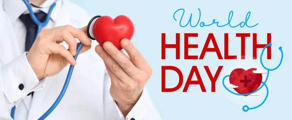 Kardiolog Czerwonym Sercem Stetoskopem Jasnym Tle Zbliżenie Światowy Dzień Zdrowia — Zdjęcie stockowe