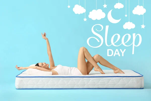 Poster International Sleep Day Beautiful Young Woman Lying Soft Mattress — Stock Photo, Image