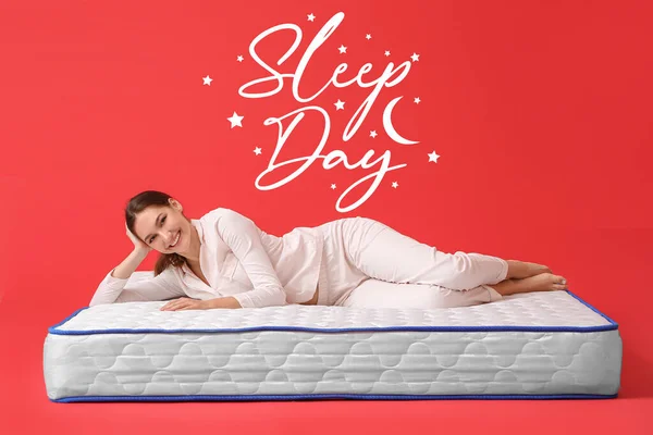 Poster International Sleep Day Beautiful Young Woman Lying Comfortable Mattress — Stock Photo, Image