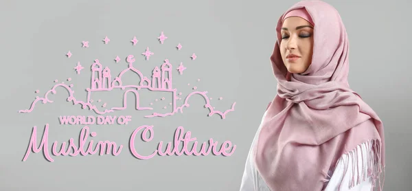 Hermosa Mujer Árabe Sobre Fondo Gris Día Mundial Cultura Musulmana —  Fotos de Stock